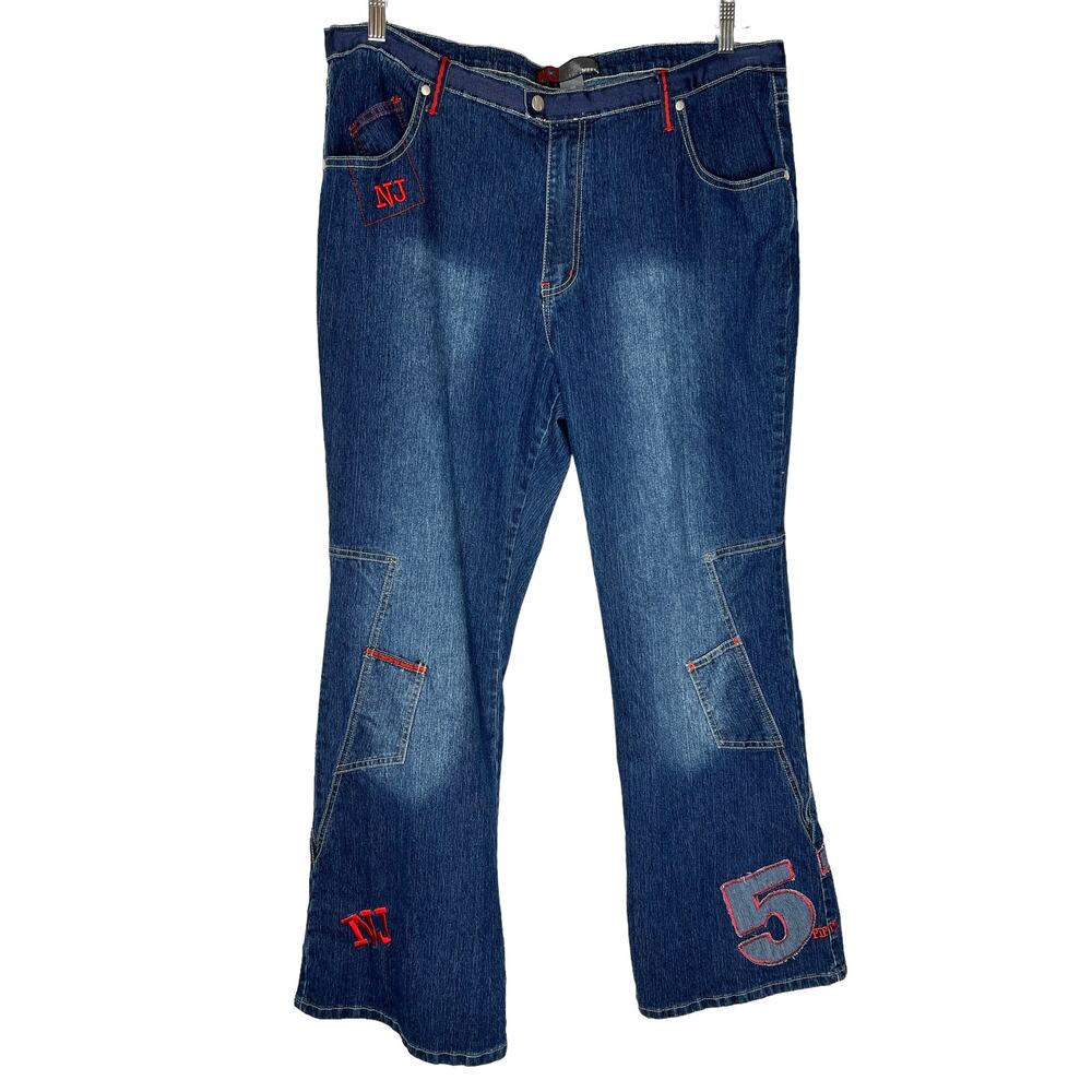 Y2K NJ Neeso Women's Jeans Flair Leg Patches Red Stitching Size 20